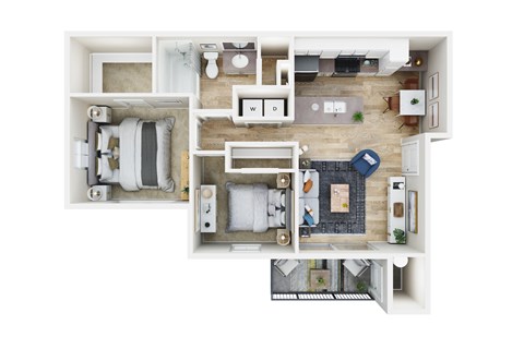 A top-down view of a small apartment layout with a kitchen, living room, and bathroom.